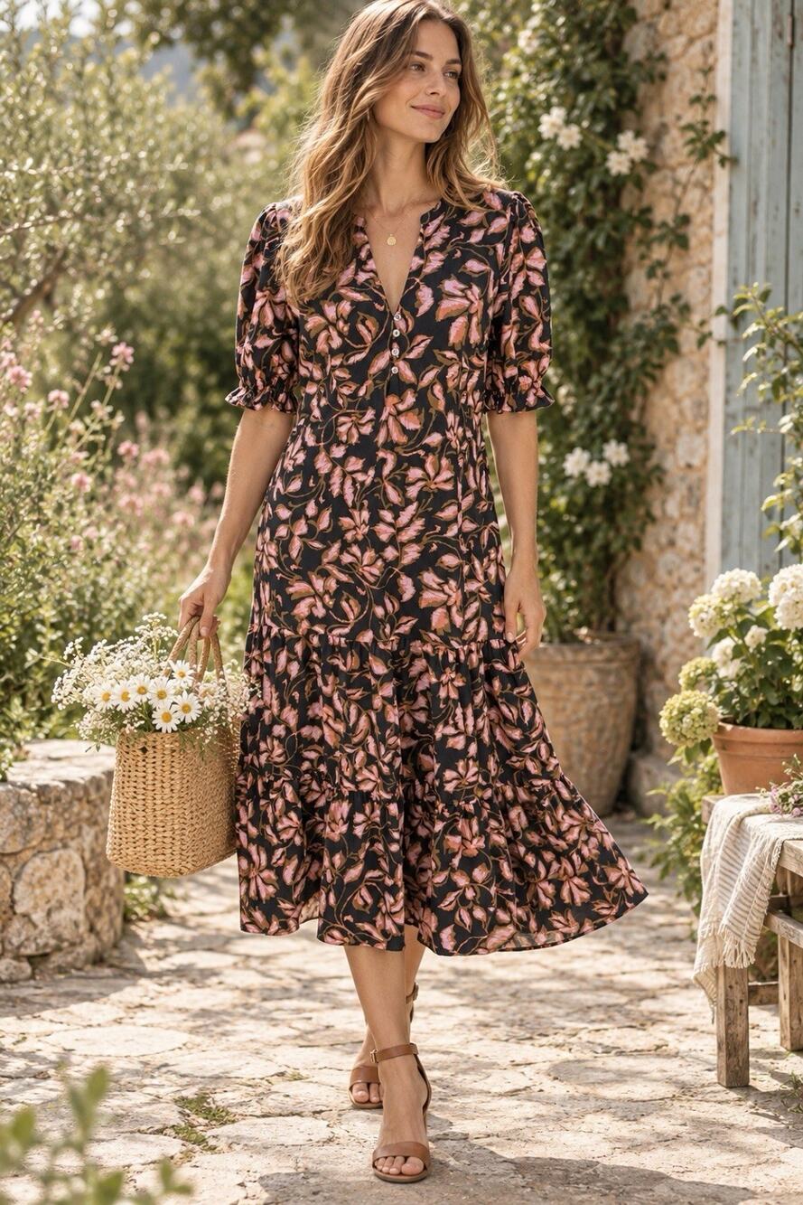 Rails Eliana Jasmine Floral Ruffle Midi Dress Cottagecore Boho Size XS *No Belt*